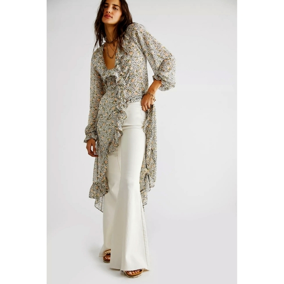 Free People Sheer Floral Midi Dress Tunic Top Gigi Ruffle High Low Hem - Picture 13 of 16